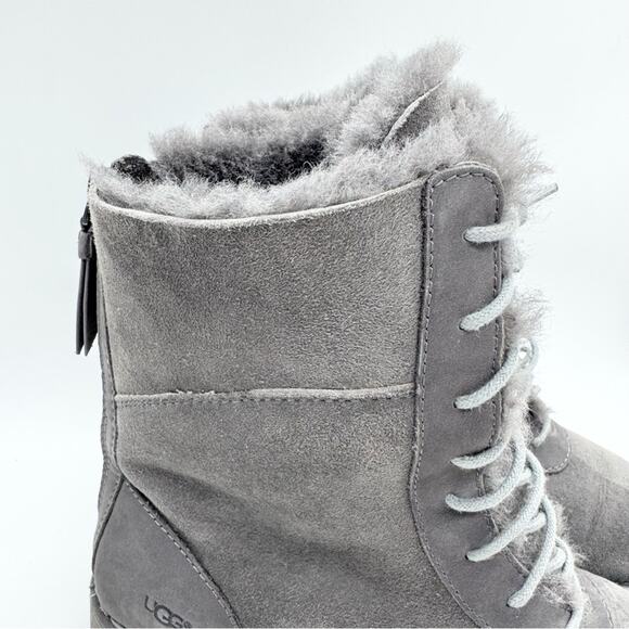 UGG Daney Lace Up Shearling Sheepskin Suede High Top Combat Boots Grey Size 8.5 - Picture 2 of 13